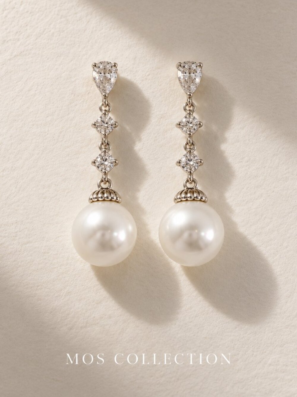 Pearl Crystal Drop Earrings Silver Statement Jewelry MOS COLLECTION